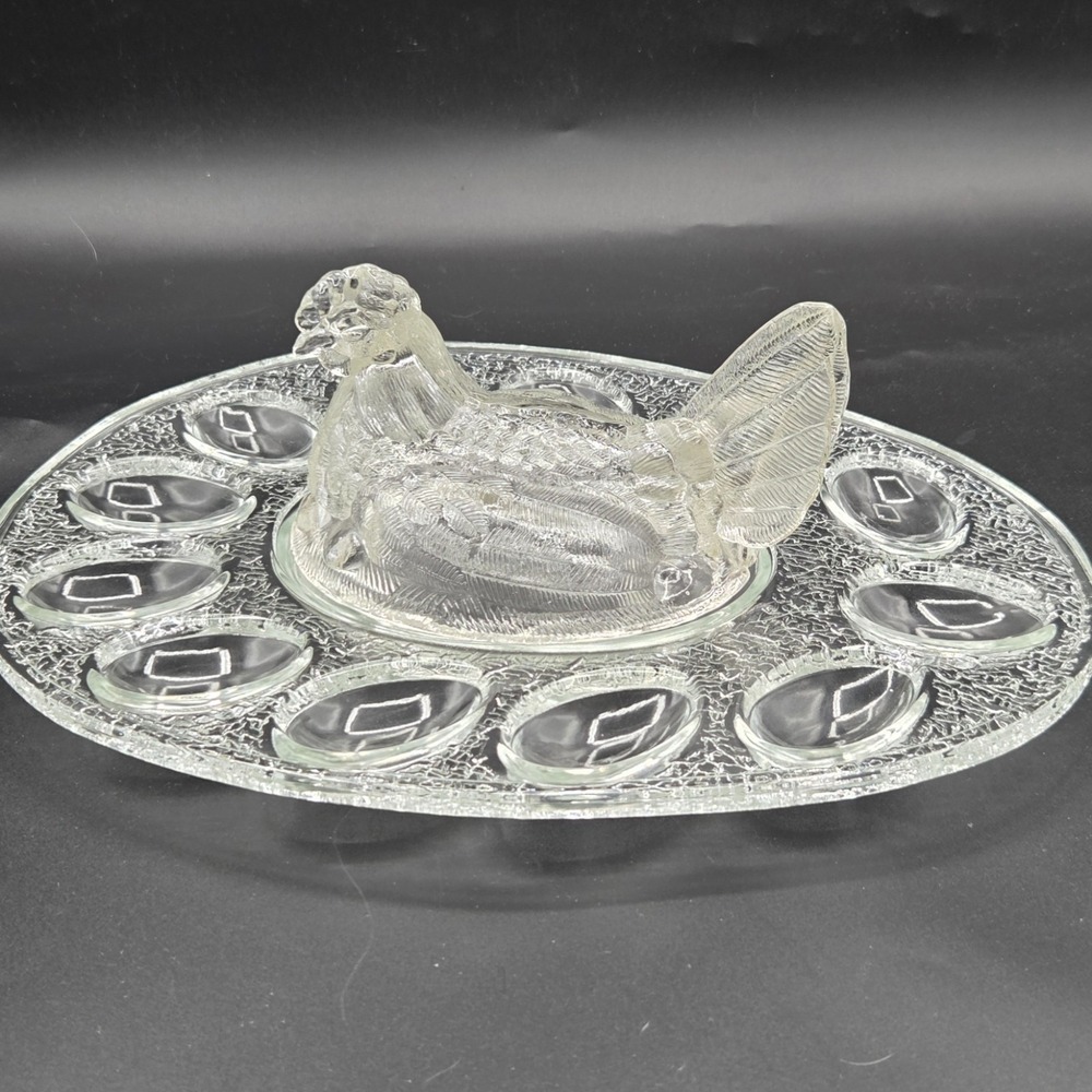 Vintage LE Smith Clear Glass HEN ON A NEST Covered Dish Deviled Egg Plate